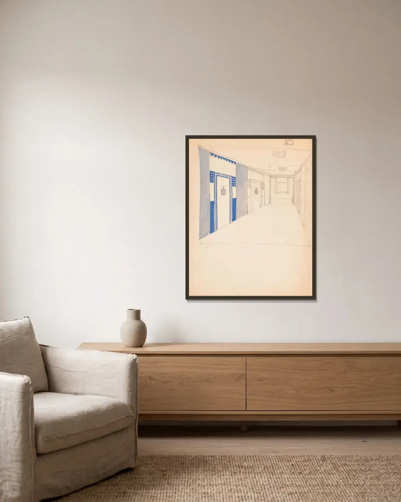 Interiörskisser för Alamac Hotel, 71st och Broadway, New York, NY.] [Ofullständigt interiörperspektiv av en korridor av Winold Reiss inramad på en vägg