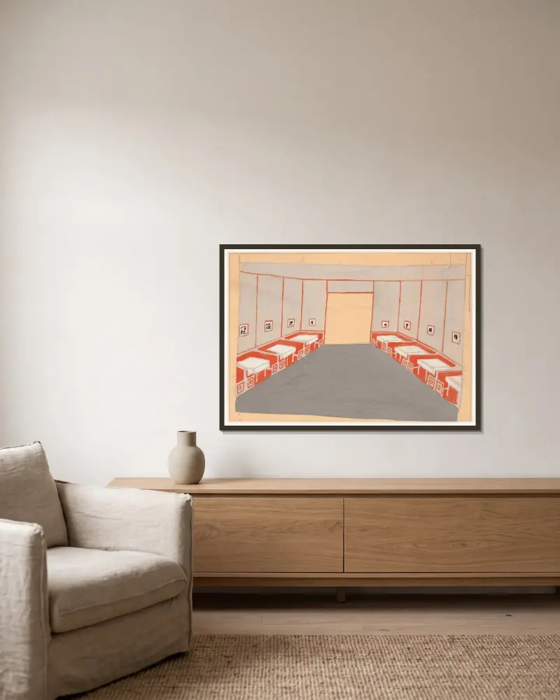 Innenraumperspektiv-Studien für das Restaurant Crillon, 15 East 48th Street, New York, NY.] [Studie für Le Passage oder Pullman Room von Winold Reiss gerahmt an einer Wand