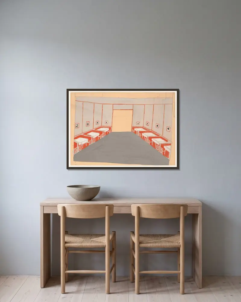 Innenraumperspektiv-Studien für das Restaurant Crillon, 15 East 48th Street, New York, NY.] [Studie für Le Passage oder Pullman Room von Winold Reiss gerahmt an einer Wand