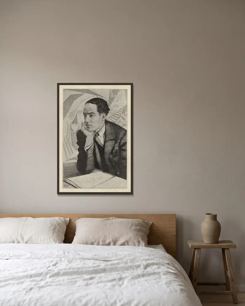 Langston Hughes av Winold Reiss inramad på en vägg