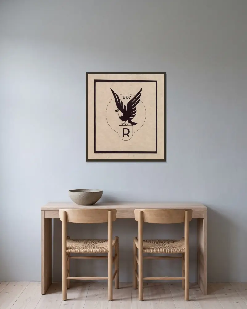 Logo for Ruppert Beer with eagle av Winold Reiss inramad på en vägg