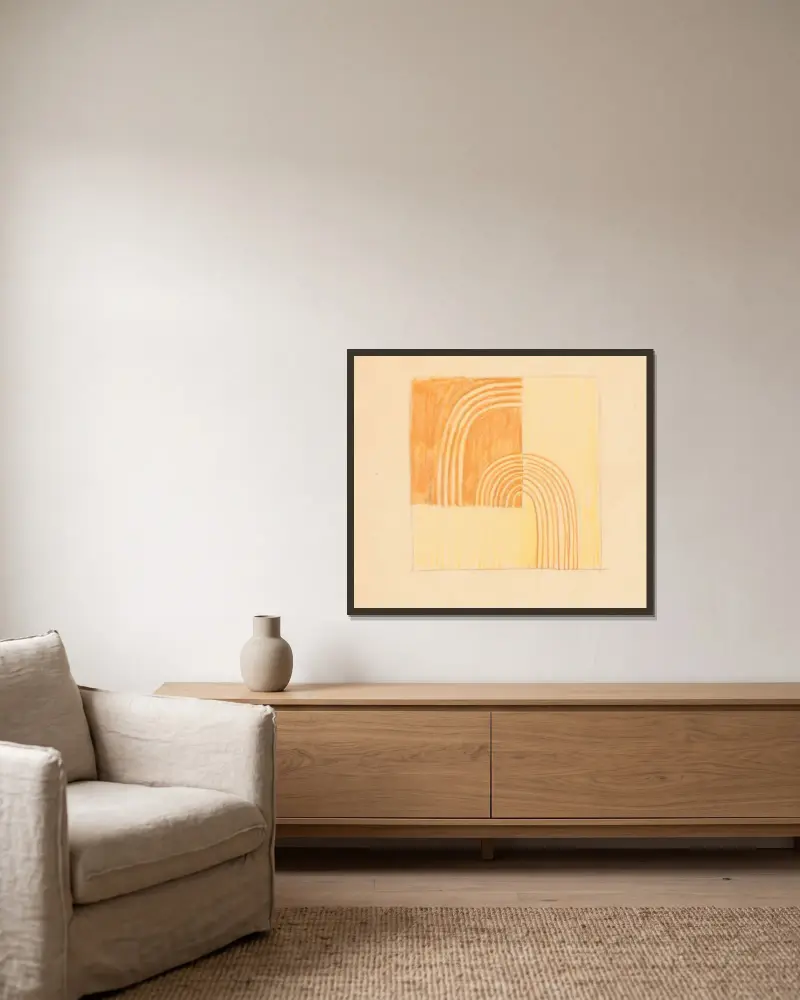 Diverse små skisser för intarsia i bordskskivor.] [Design med orange och gult geometriskt motiv av Winold Reiss inramad på en vägg