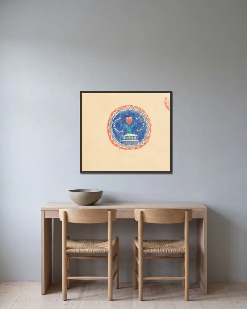 Diverse små skisser för intarsia i bordsskivor – design med blått och orange blomsterornament av Winold Reiss inramad på en vägg
