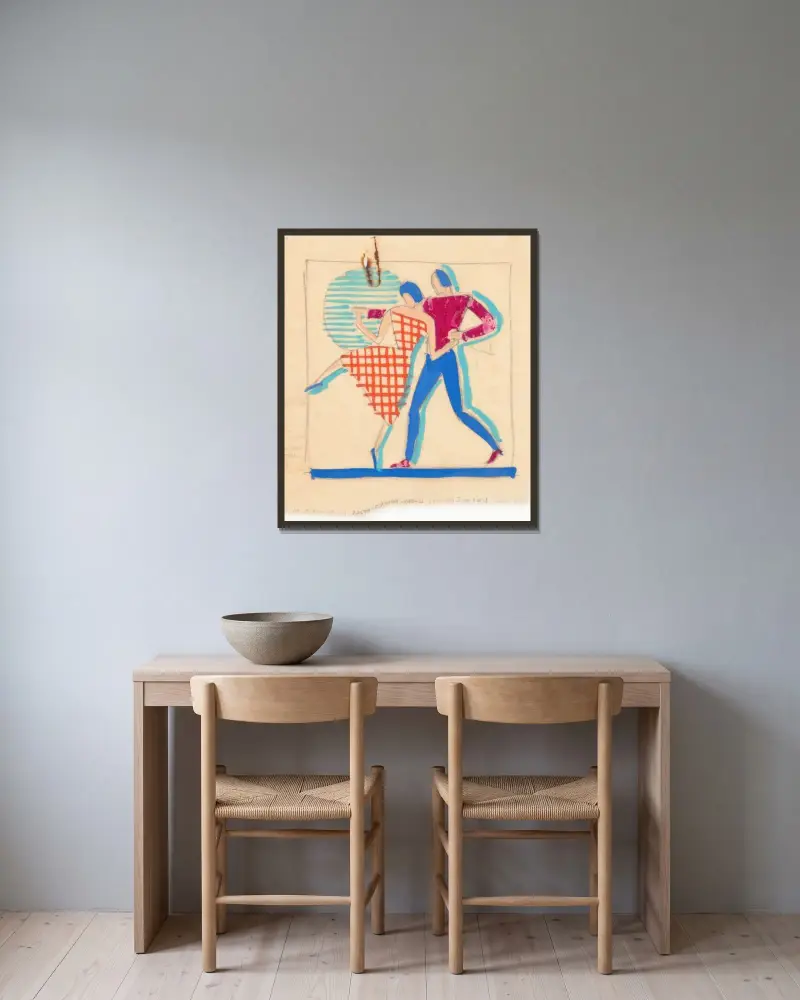 Diverse små skisser för inlagda bordsytor. Design med dansande par av Winold Reiss inramad på en vägg