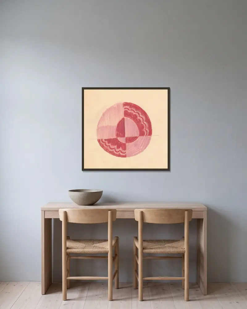 Miscellaneous small sketches for inlaid table tops.] [Design with red and pink circular motif av Winold Reiss inramad på en vägg