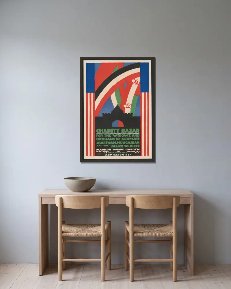Posters for Charity Bazar [i.e. Bazaar] for the widows and orphans of German, Austrian, Hungarian and their allied soldiers, March 23rd, 1916, New York, NY av Winold Reiss inramad på en vägg