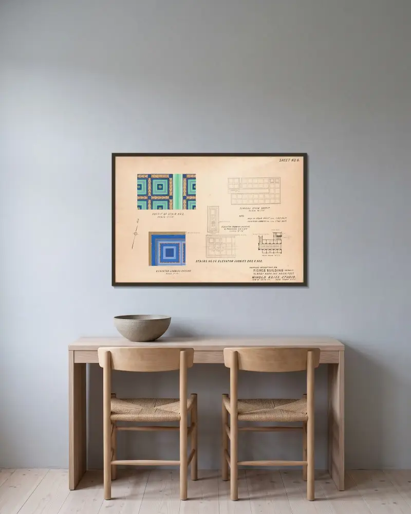 Projekty dekoracji dla Fisher Building w Detroit] [Podniebienie schodów nr 2] [Lobby windykacyjne 202 i 302, Winold Reiss w ramie na ścianie