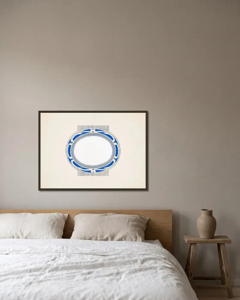 Skizze für ein ovales Medaillon und das blau-silberne Logo von Ruppert Beer von Winold Reiss gerahmt an einer Wand