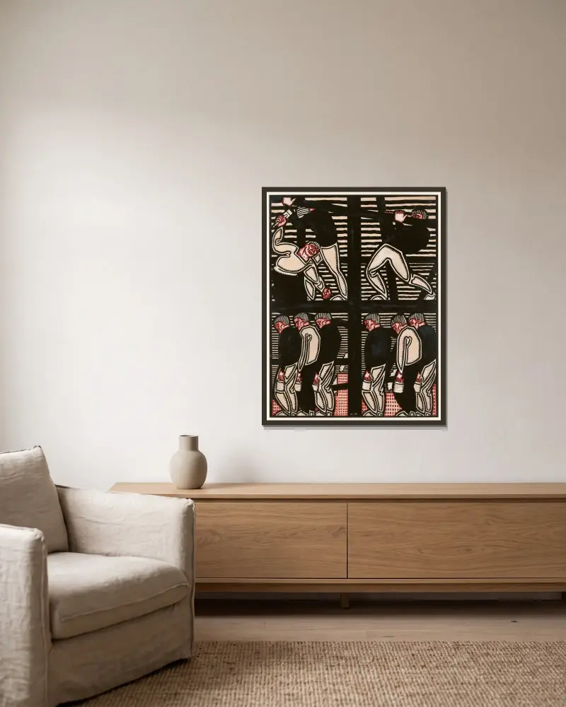 Steel workers von Winold Reiss gerahmt an einer Wand