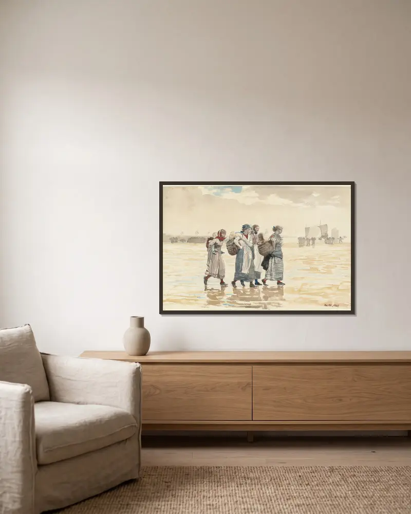 Four Fishwives on the Beach av Winslow Homer inramad på en vägg