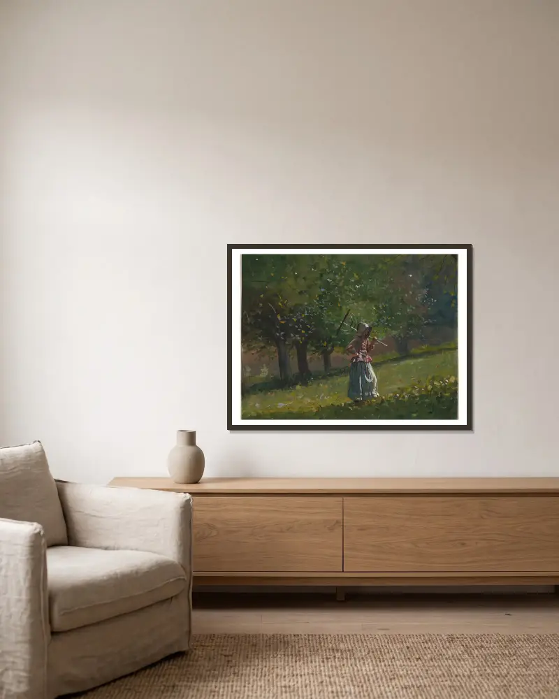 Mädchen mit Heurechen von Winslow Homer gerahmt an einer Wand