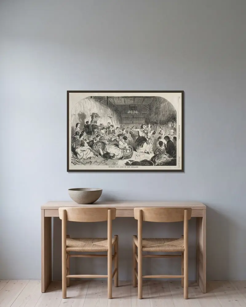Majsskörd i New England av Winslow Homer inramad på en vägg