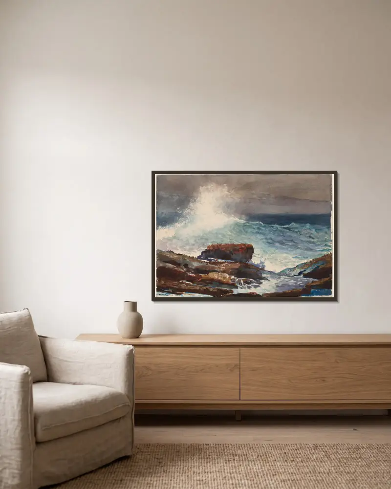 Hereinbrechende Flut, Scarboro, Maine von Winslow Homer gerahmt an einer Wand