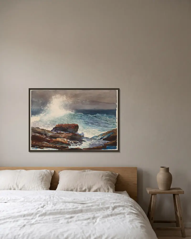 Hereinbrechende Flut, Scarboro, Maine von Winslow Homer gerahmt an einer Wand