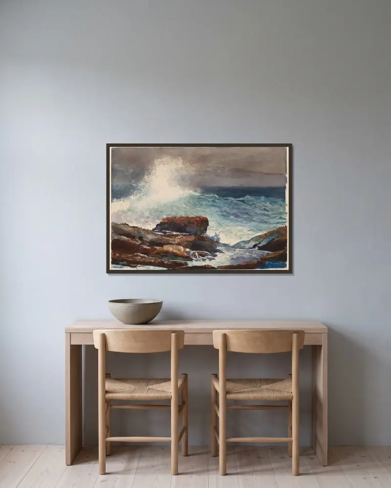 Hereinbrechende Flut, Scarboro, Maine von Winslow Homer gerahmt an einer Wand