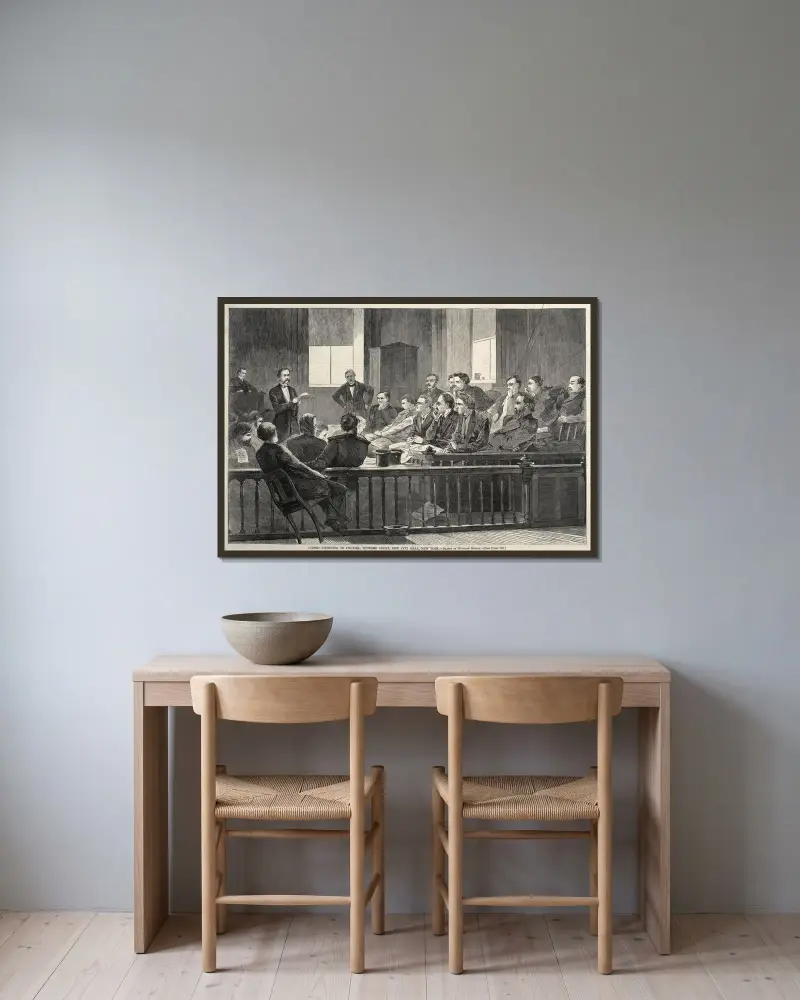 Jurors Listening to Counsel, Supreme Court, New City Hall, New York av Winslow Homer inramad på en vägg