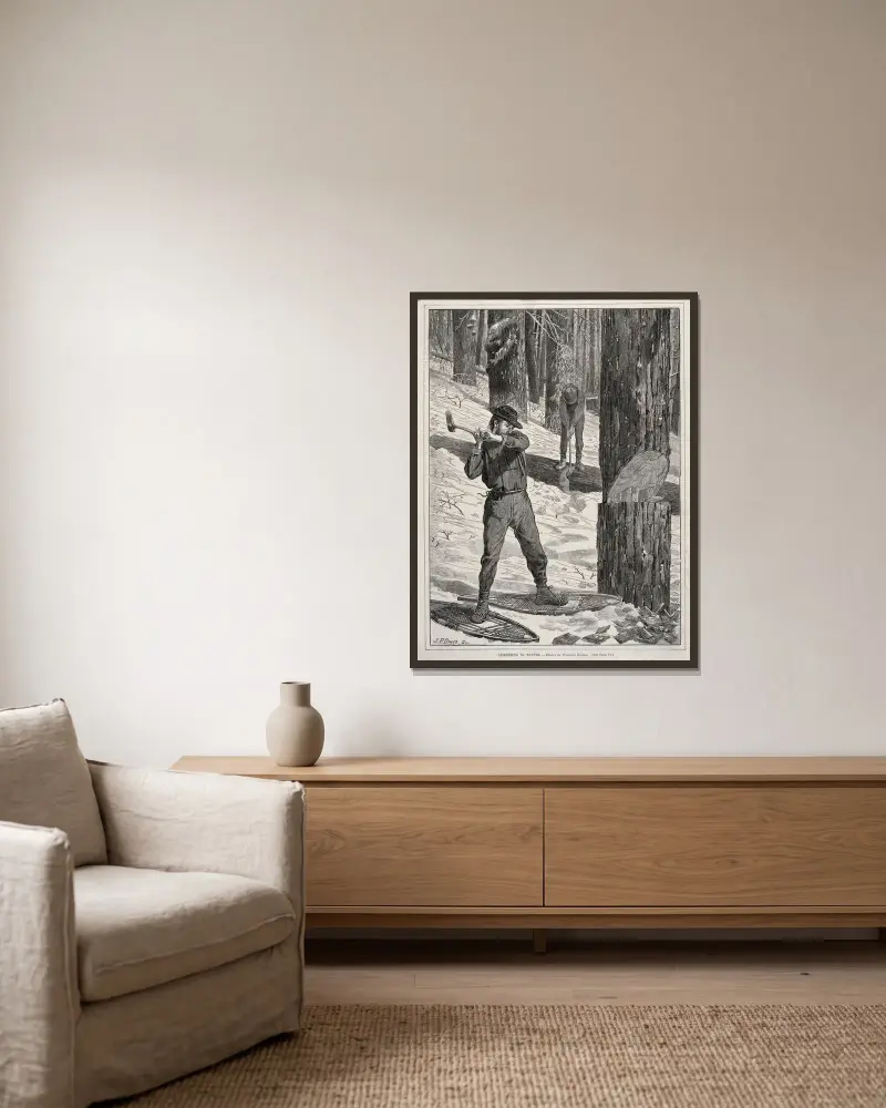 Holzfällen im Winter von Winslow Homer gerahmt an einer Wand