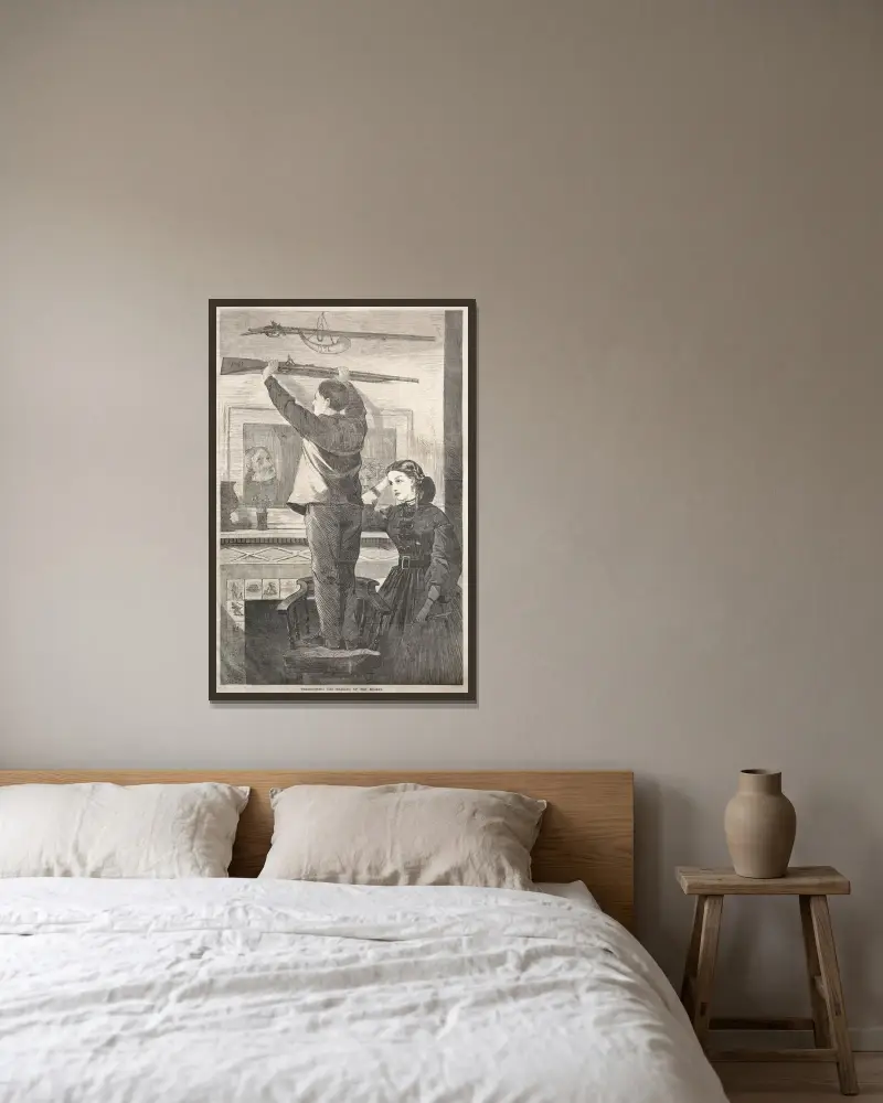 Thanksgiving Day – Hanging up the Musket av Winslow Homer inramad på en vägg