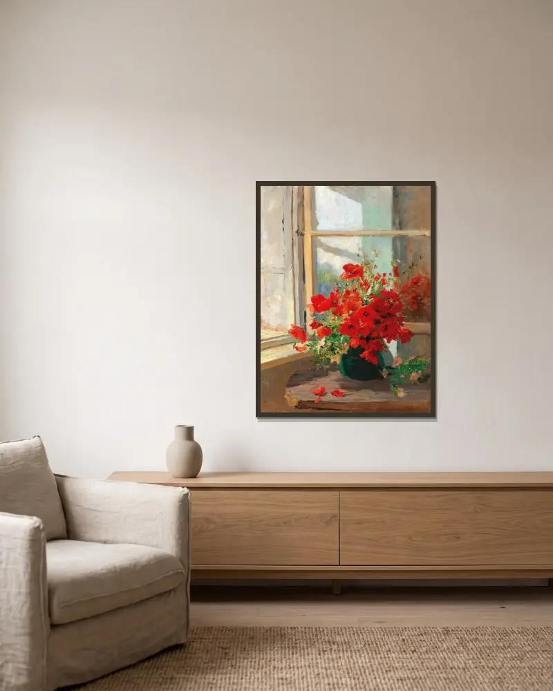 A bouquet of poppies by the window av Olga Wisinger-Florian inramad på en vägg