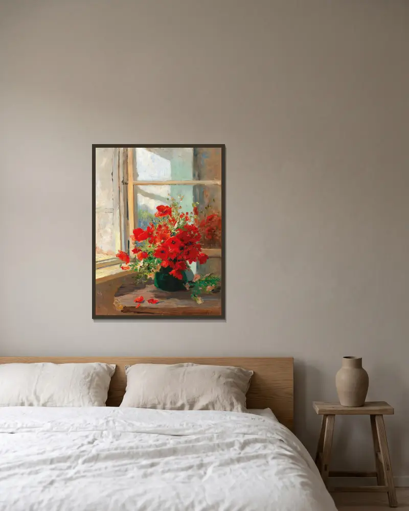 A bouquet of poppies by the window av Olga Wisinger-Florian inramad på en vägg