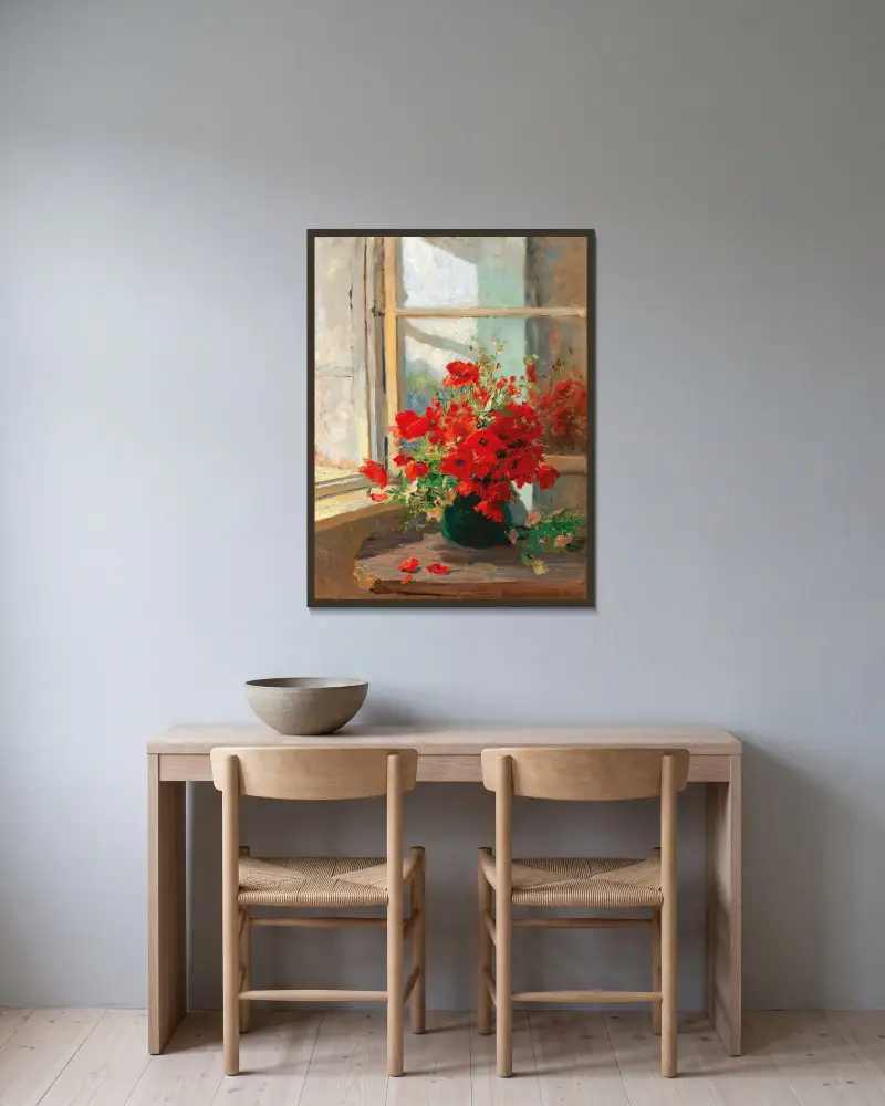 A bouquet of poppies by the window av Olga Wisinger-Florian inramad på en vägg