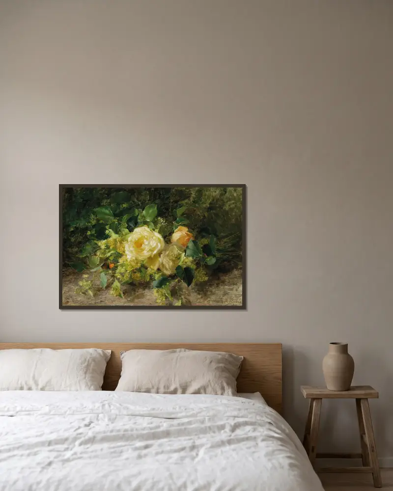 Ein Rosenstrauß von Olga Wisinger-Florian gerahmt an einer Wand