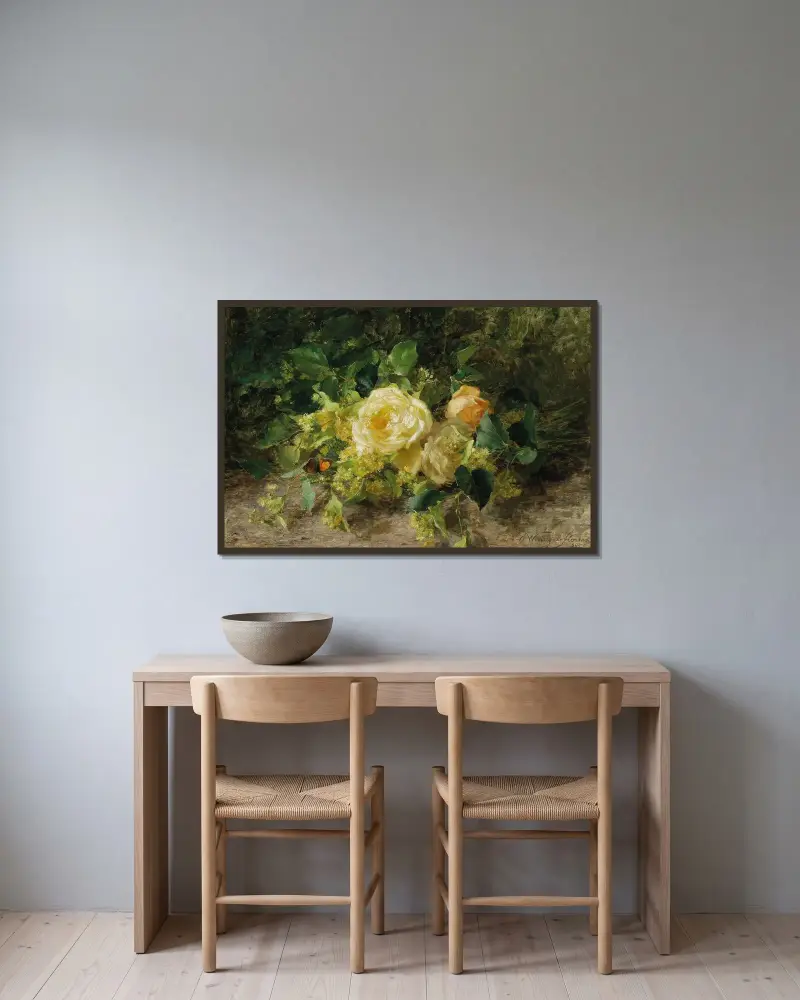 Ein Rosenstrauß von Olga Wisinger-Florian gerahmt an einer Wand