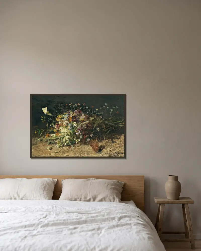 Ein Strauß Frühlingsblumen mit Schneeglöckchen von Olga Wisinger-Florian gerahmt an einer Wand