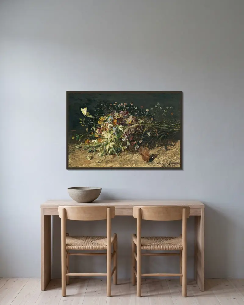 Ein Strauß Frühlingsblumen mit Schneeglöckchen von Olga Wisinger-Florian gerahmt an einer Wand