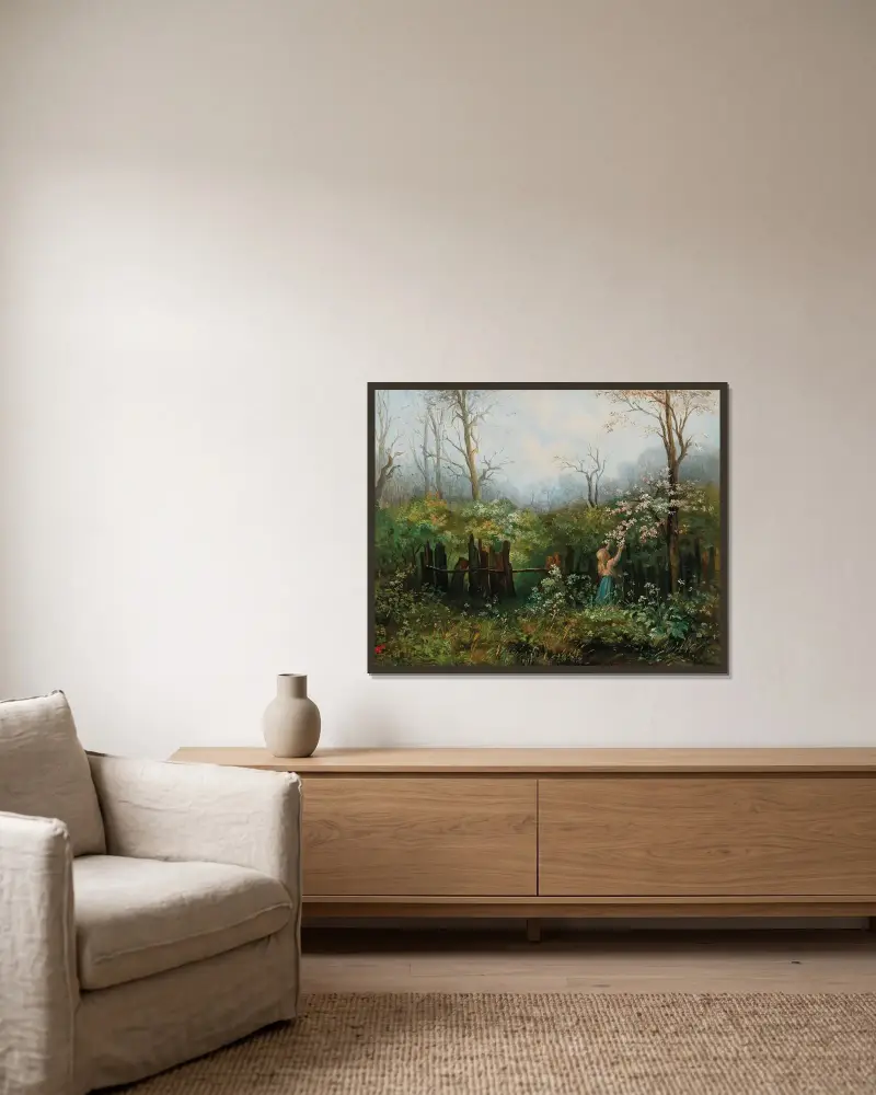 Mädchen im Garten von Olga Wisinger-Florian gerahmt an einer Wand
