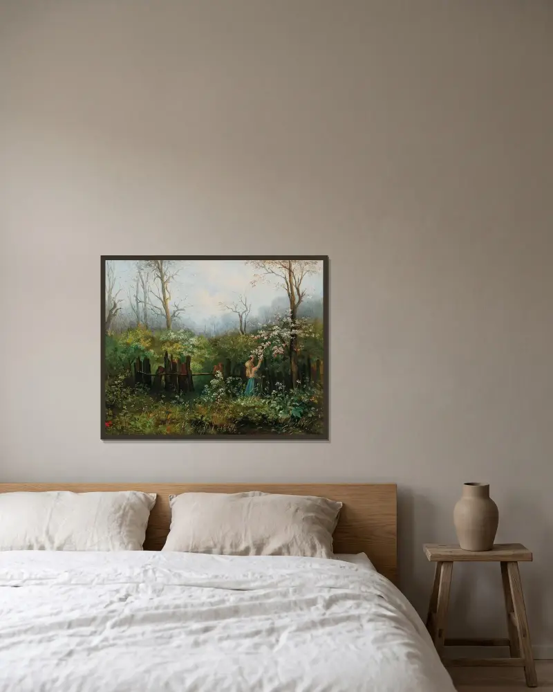 Mädchen im Garten von Olga Wisinger-Florian gerahmt an einer Wand