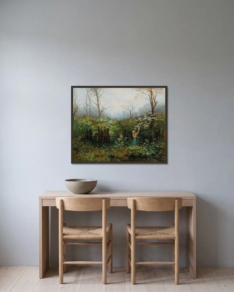 Mädchen im Garten von Olga Wisinger-Florian gerahmt an einer Wand