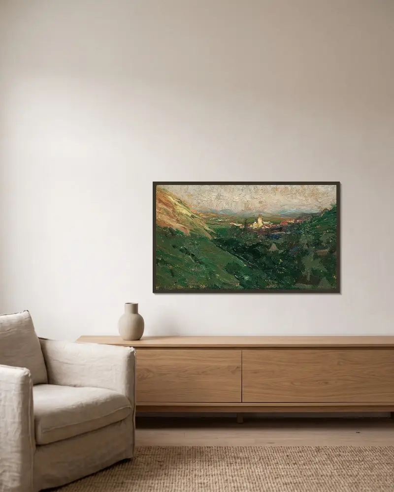 Blick auf das Kahlenberger Dorf von Olga Wisinger-Florian gerahmt an einer Wand