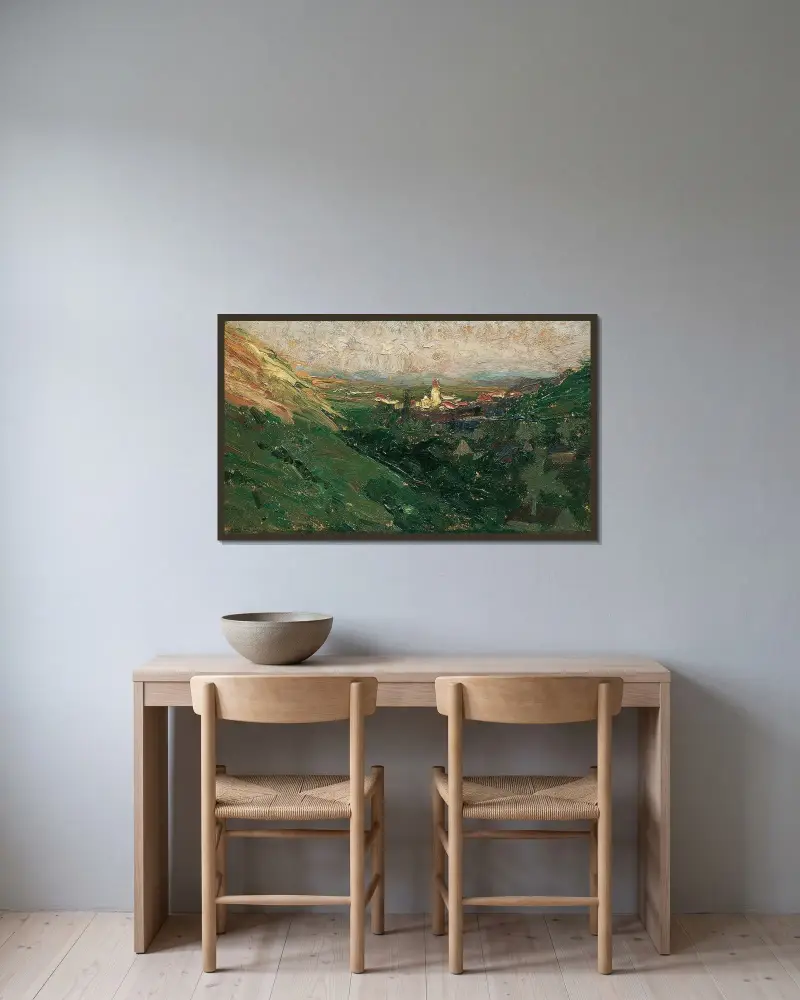 Blick auf das Kahlenberger Dorf von Olga Wisinger-Florian gerahmt an einer Wand