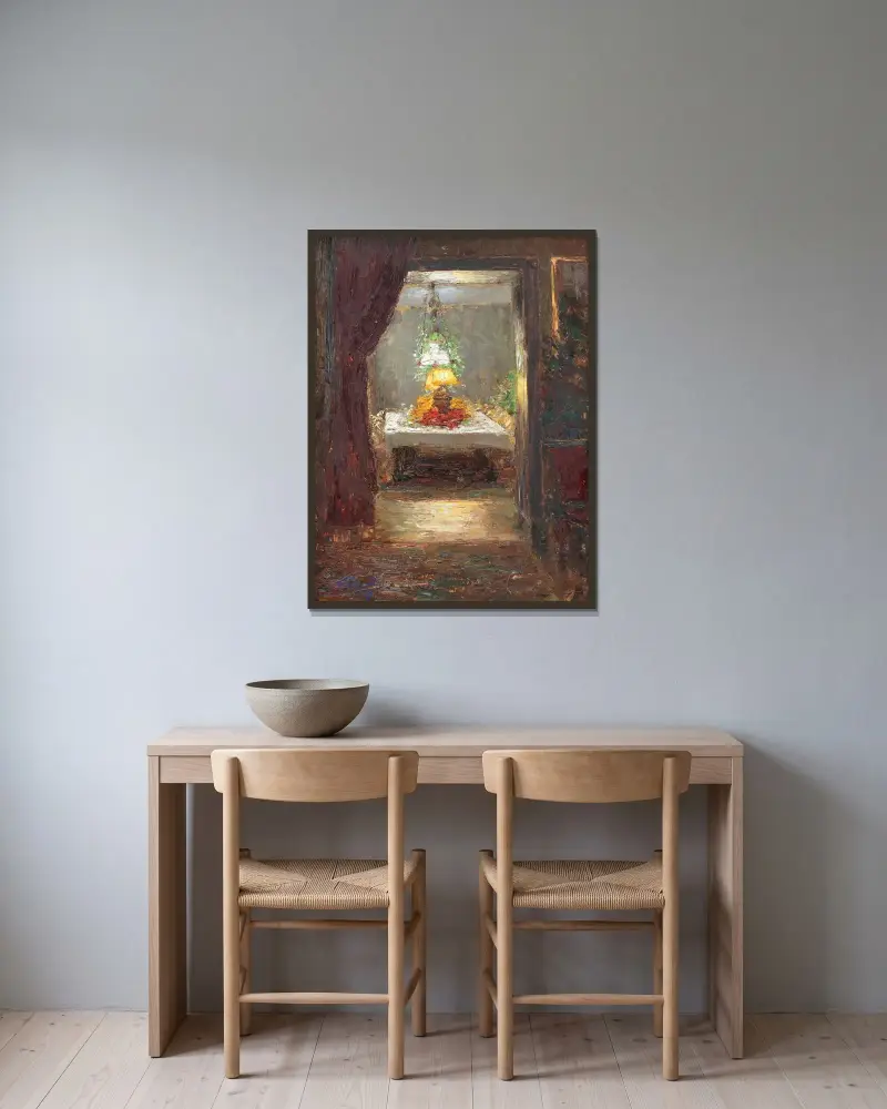 Blick på ett festligt dukat bord av Olga Wisinger-Florian inramad på en vägg