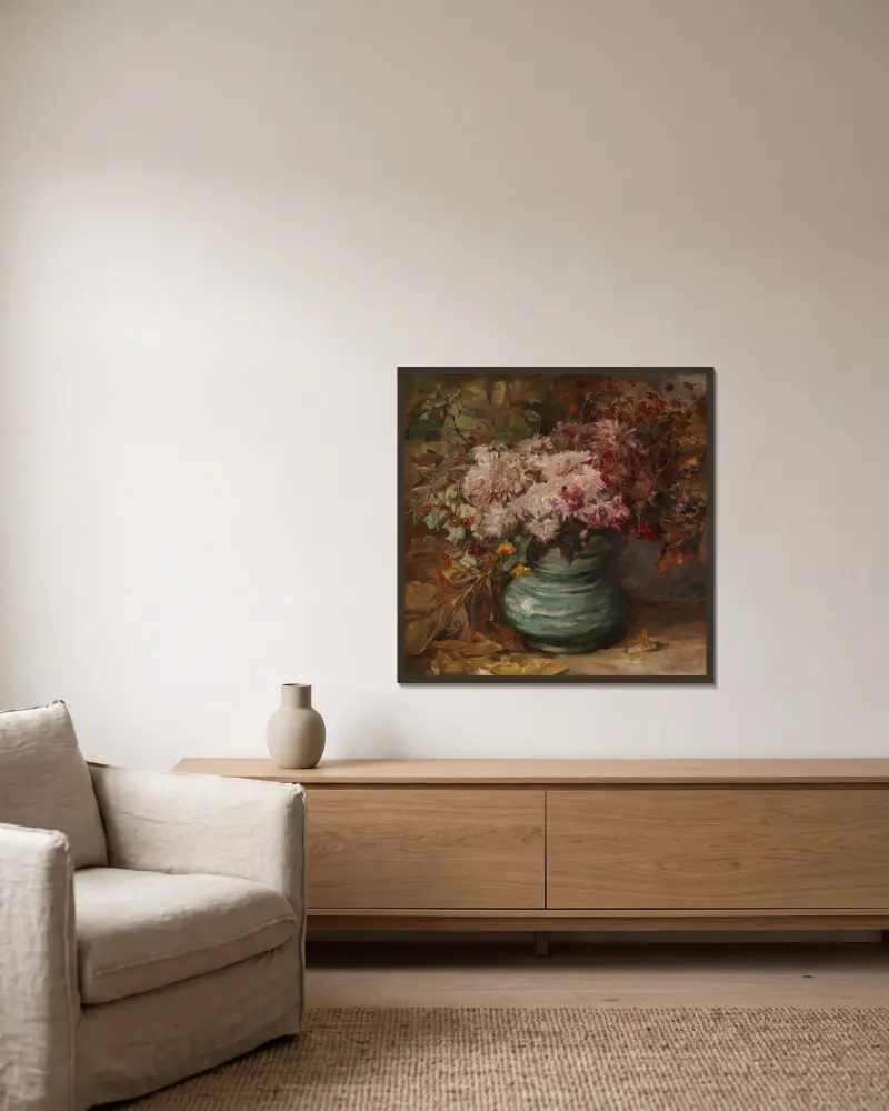 Blumenstrauß mit Crysanthemen und Ringelblumen av Olga Wisinger-Florian inramad på en vägg