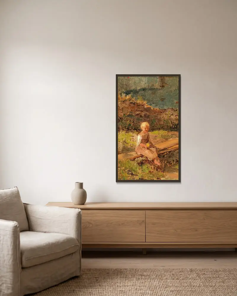 Kind auf einem Holzweg sitzend von Olga Wisinger-Florian gerahmt an einer Wand