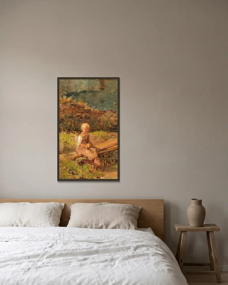 Kind auf einem Holzweg sitzend von Olga Wisinger-Florian gerahmt an einer Wand