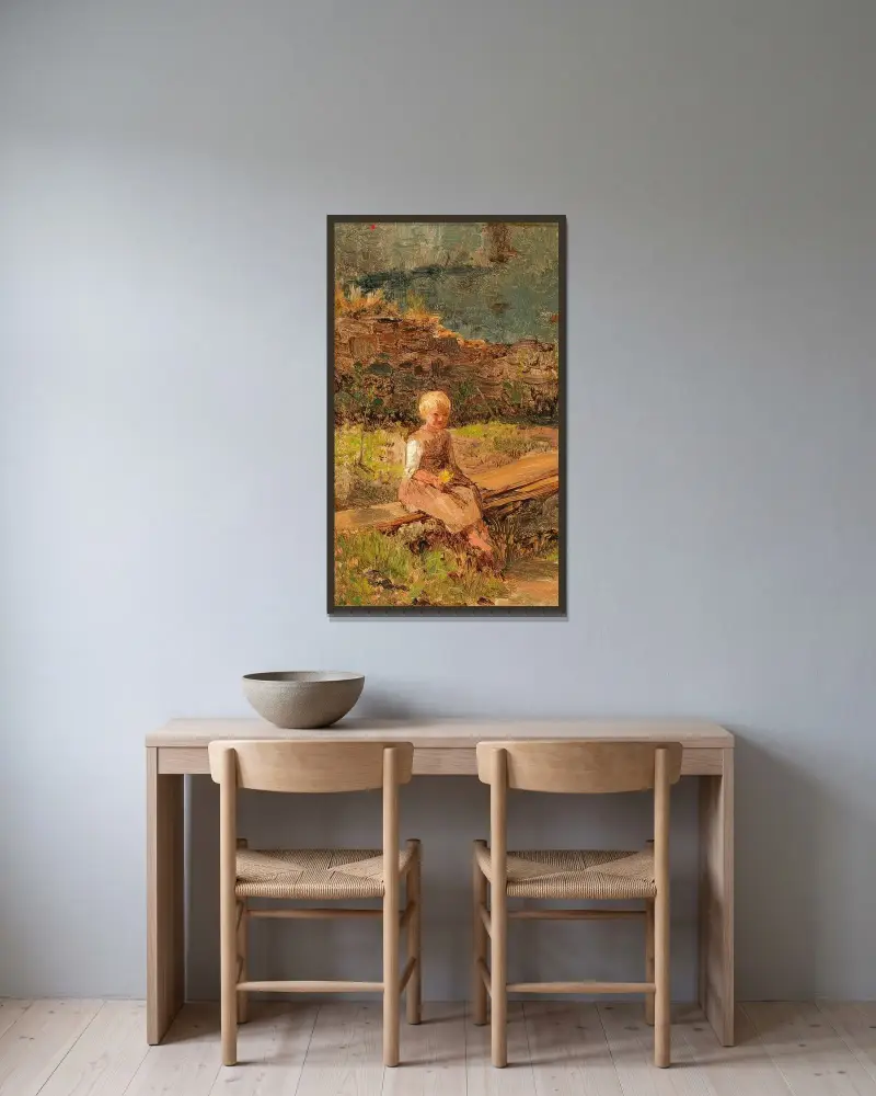 Kind auf einem Holzweg sitzend von Olga Wisinger-Florian gerahmt an einer Wand