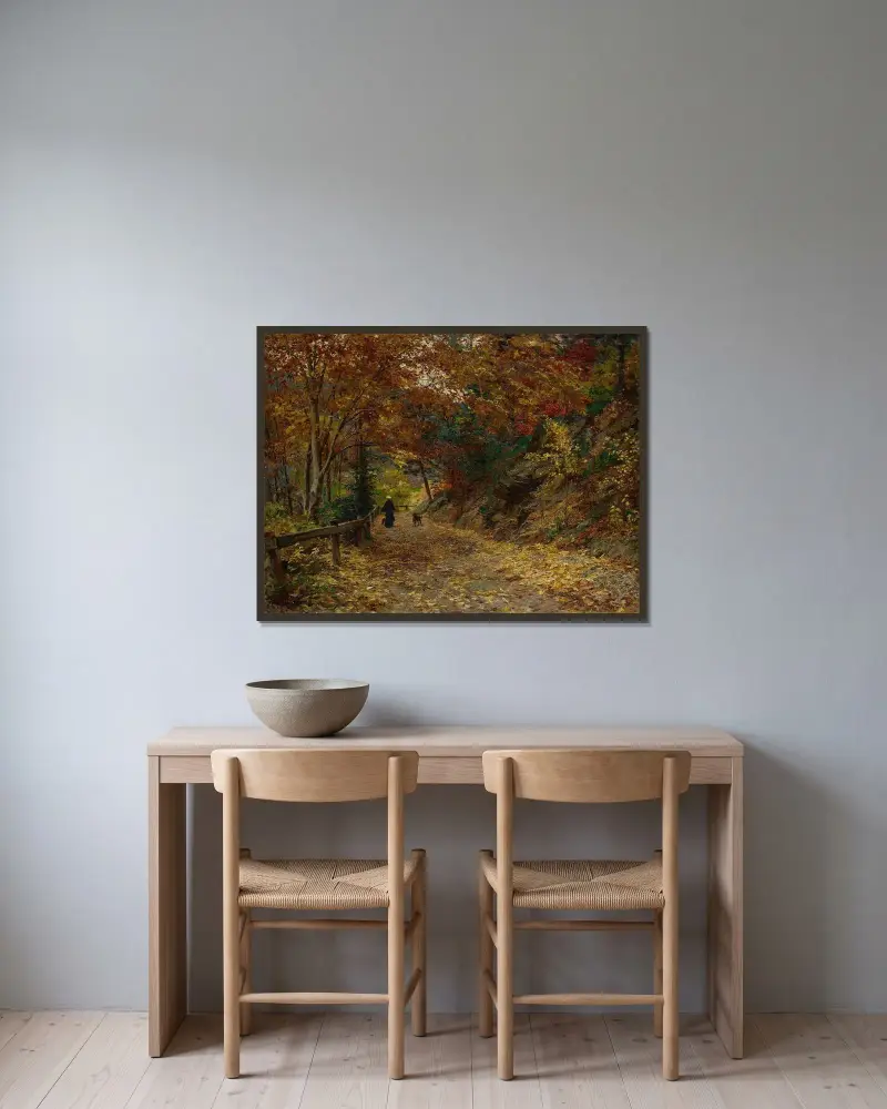 Fallendes Laub von Olga Wisinger-Florian gerahmt an einer Wand