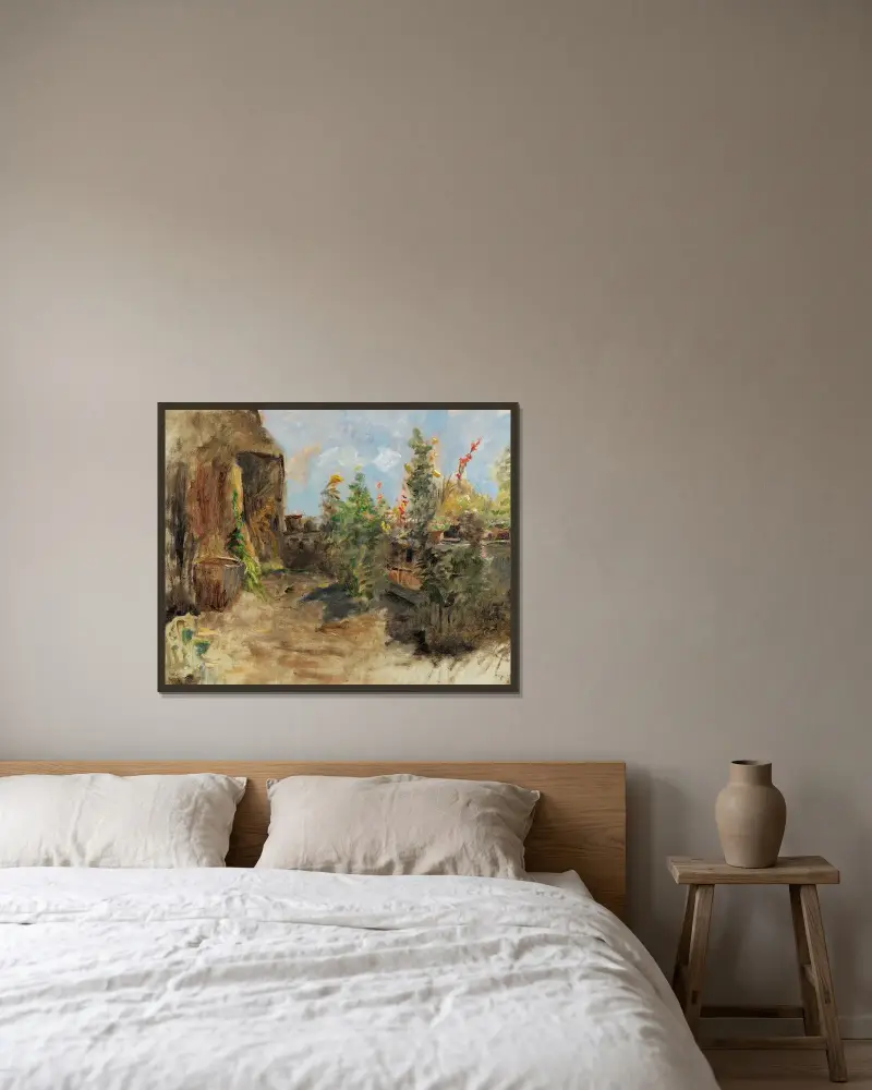 Bauernhausgarten von Olga Wisinger-Florian gerahmt an einer Wand