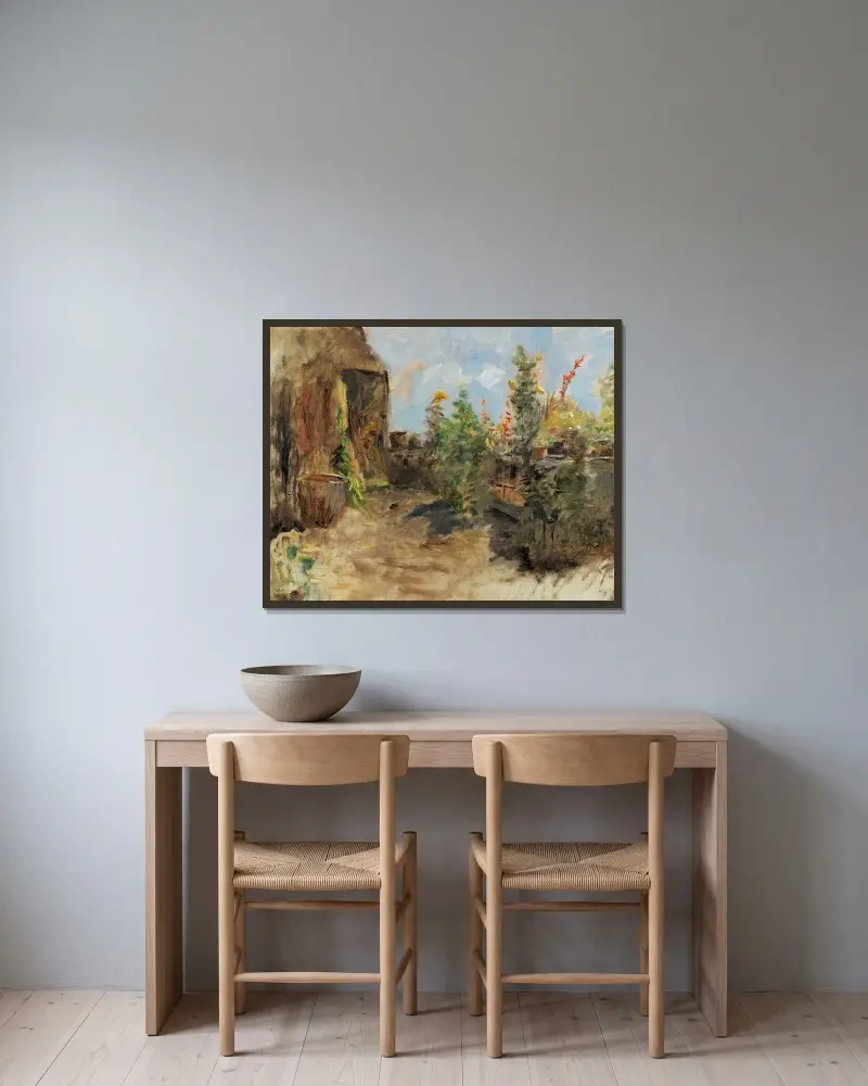 Bauernhausgarten von Olga Wisinger-Florian gerahmt an einer Wand