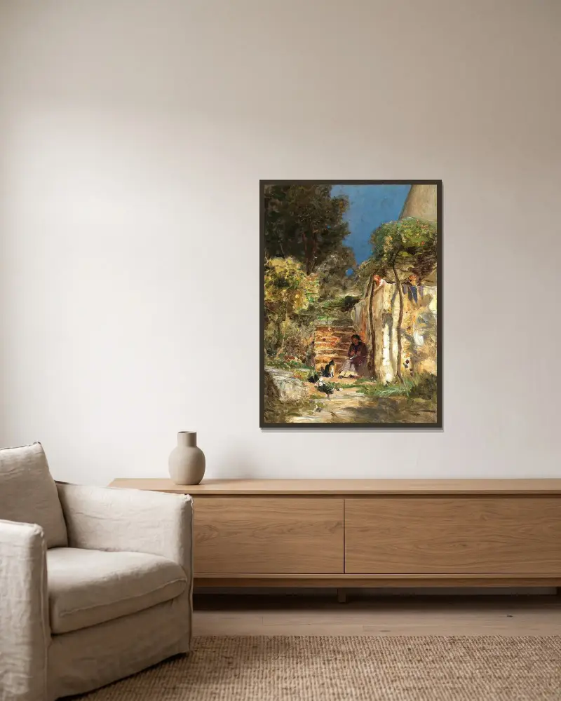 Kätzchen spielen in einer südlichen Landschaft von Olga Wisinger-Florian gerahmt an einer Wand