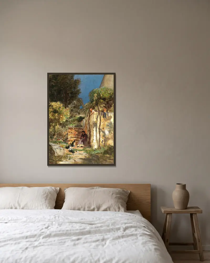 Kätzchen spielen in einer südlichen Landschaft von Olga Wisinger-Florian gerahmt an einer Wand
