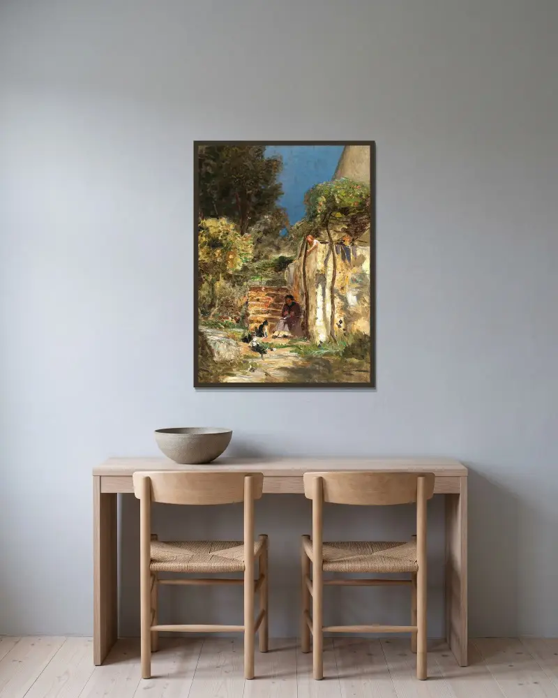 Kätzchen spielen in einer südlichen Landschaft von Olga Wisinger-Florian gerahmt an einer Wand