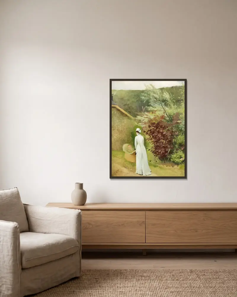 Landschaft, Frau mit Kinderwagen von Olga Wisinger-Florian gerahmt an einer Wand