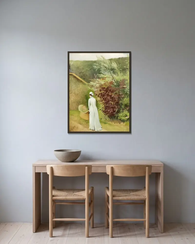 Landschaft, Frau mit Kinderwagen von Olga Wisinger-Florian gerahmt an einer Wand