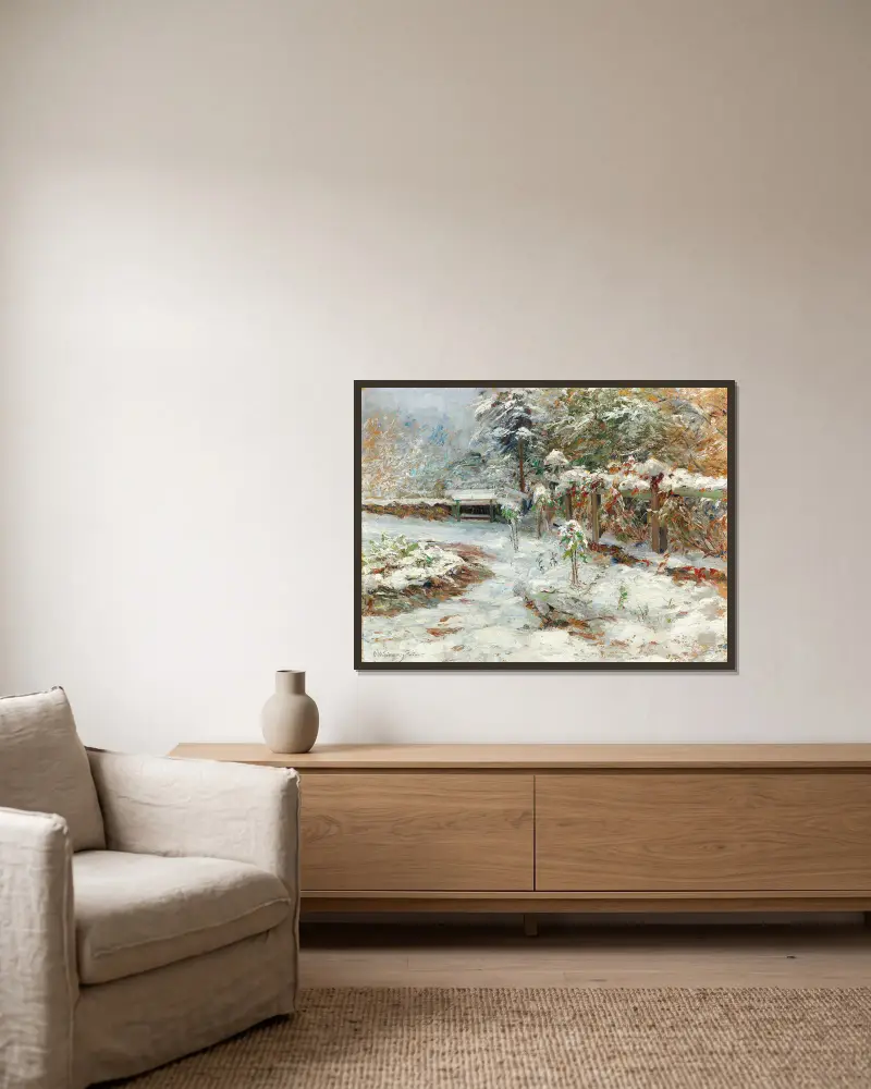 October snow, motiv from the garden of castle Hartenstein av Olga Wisinger-Florian inramad på en vägg