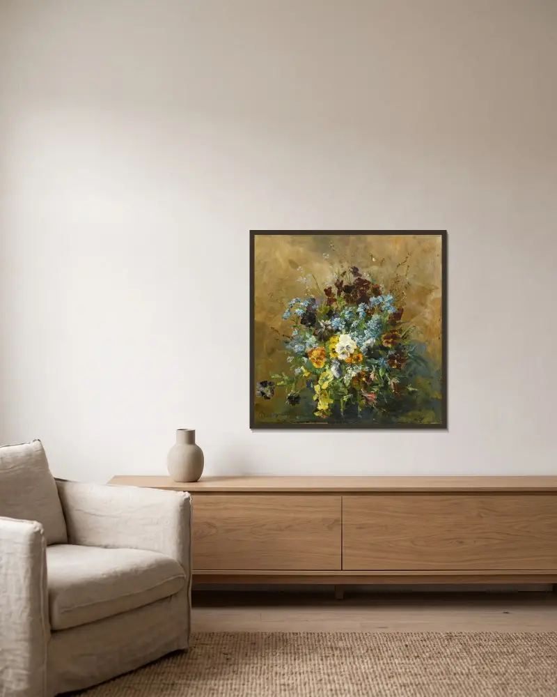 Stilleben mit Stiefmütterchen von Olga Wisinger-Florian gerahmt an einer Wand