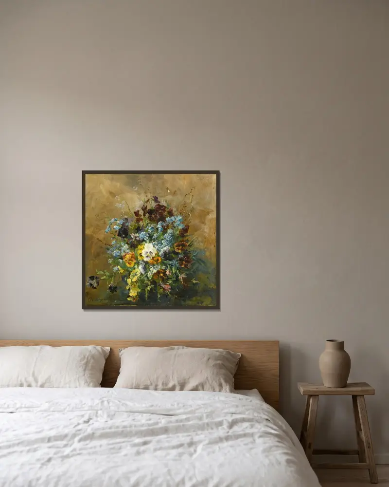 Stilleben mit Stiefmütterchen von Olga Wisinger-Florian gerahmt an einer Wand